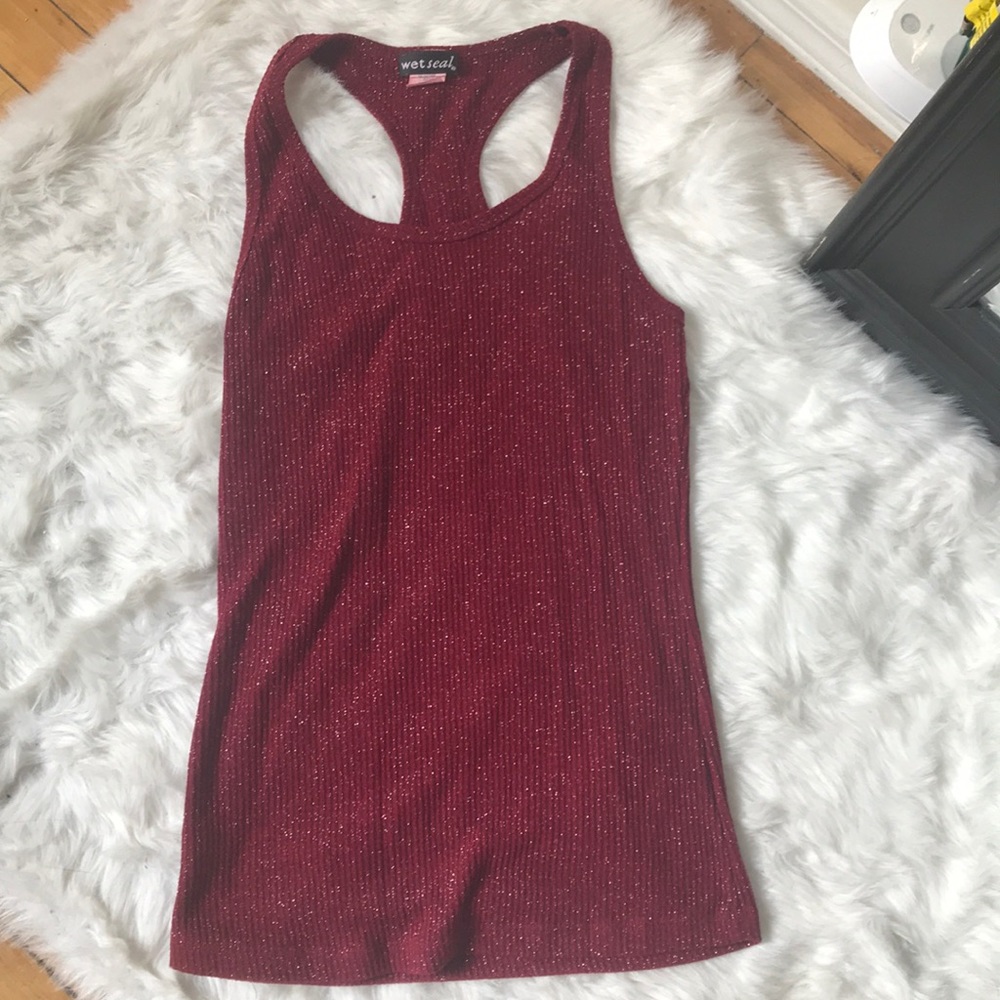 Burgundy, glittery racerback tank. M/L.